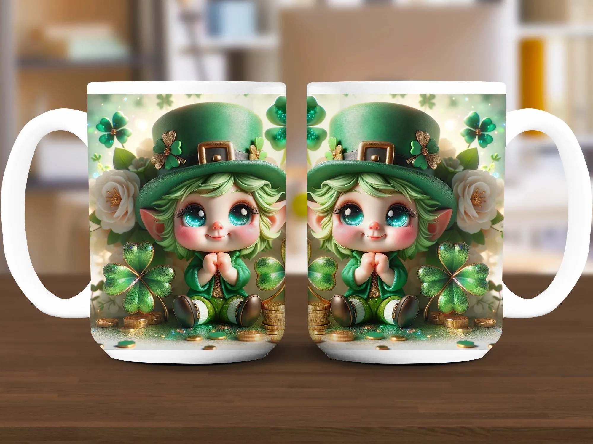 St. Patrick's Day Mug, Cute Green Leprechaun Cartoon, Clover and Coins Coffee Cup, Irish Festival Celebration Gift, Shamrock Decor