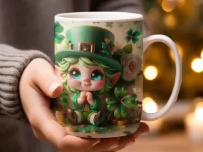 St. Patrick's Day Mug, Cute Green Leprechaun Cartoon, Clover and Coins Coffee Cup, Irish Festival Celebration Gift, Shamrock Decor