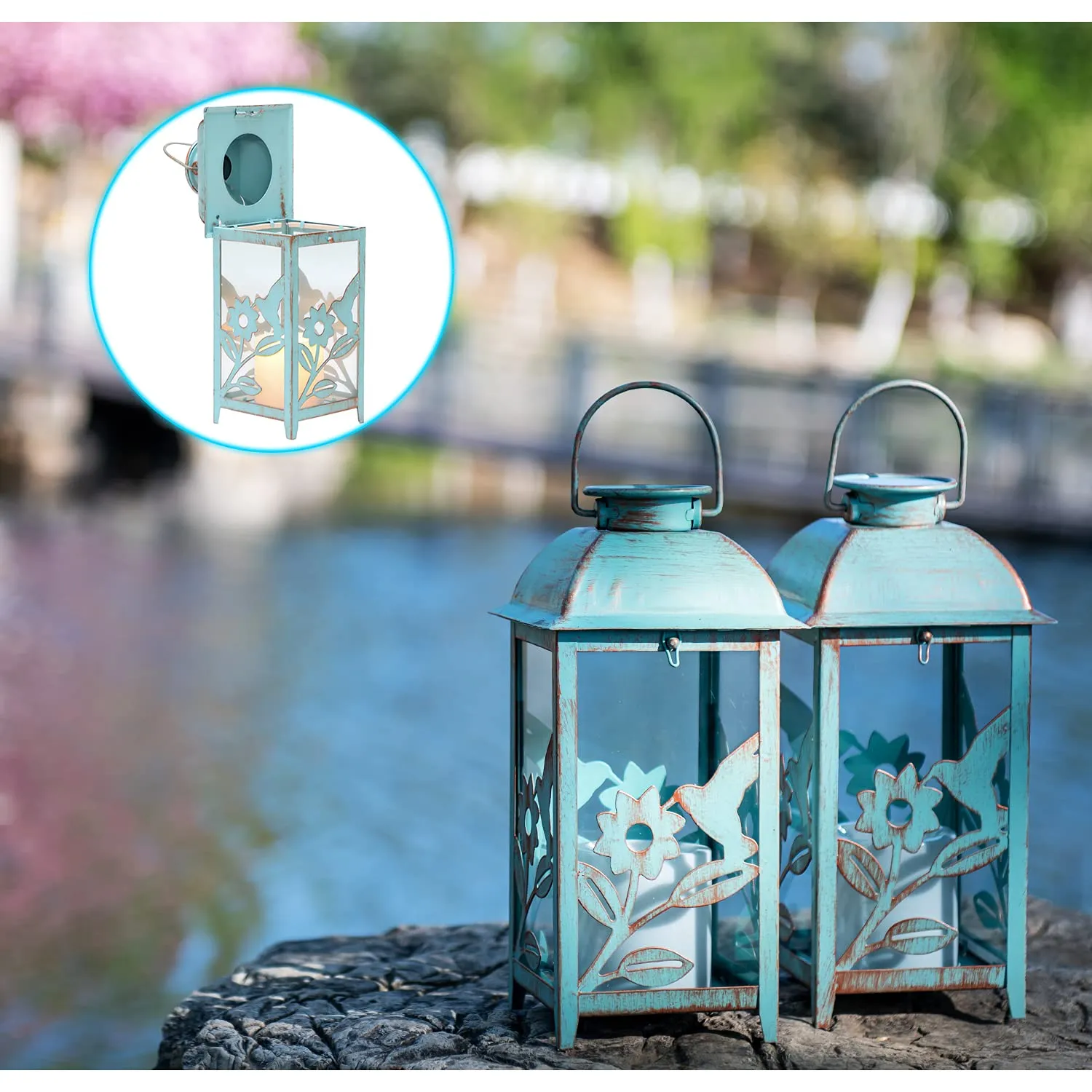 SteadyDoggie Solar Lanterns 2 Pack Hummingbird Blue - Hanging Solar Lights with Flickering