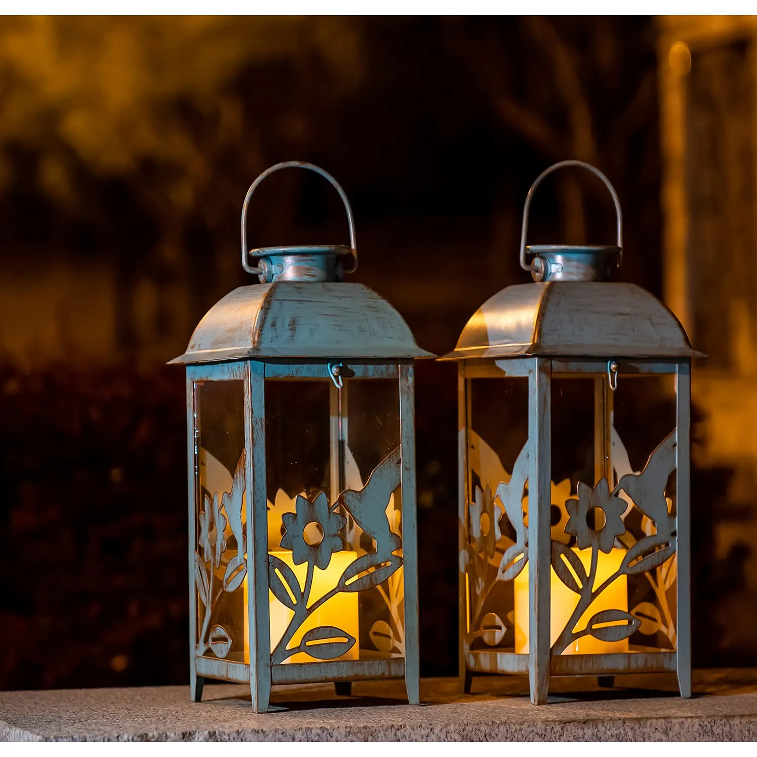 SteadyDoggie Solar Lanterns 2 Pack Hummingbird Blue - Hanging Solar Lights with Flickering