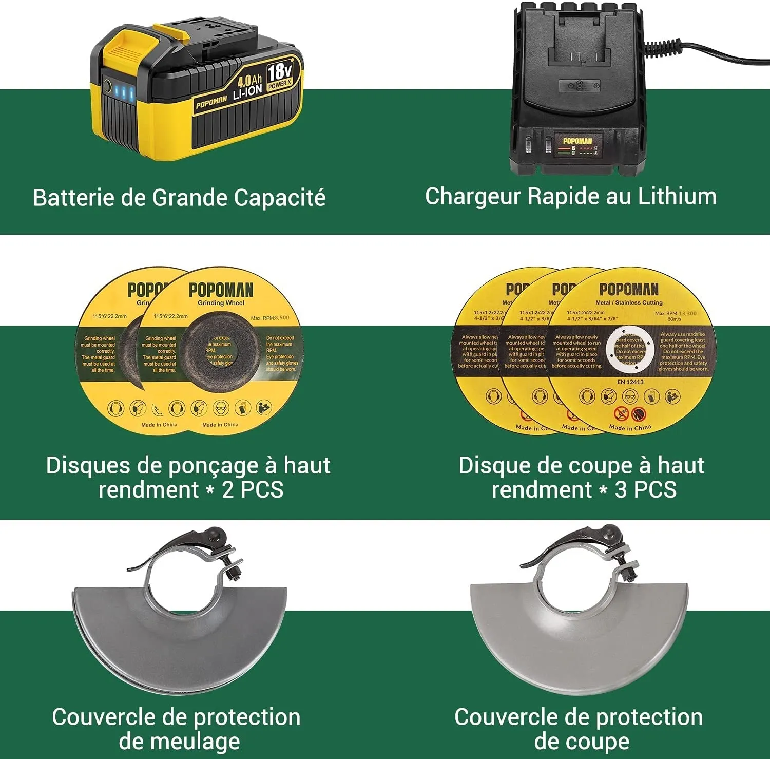 TECCPO Cordless Angle Grinders, Angle Grinder Φ115mm, Speed 8500 RPM, 18V 4.0Ah Battery, Anti-Vibration Side Handle, 5 Grinding Discs, Protective Cover - MTM400B