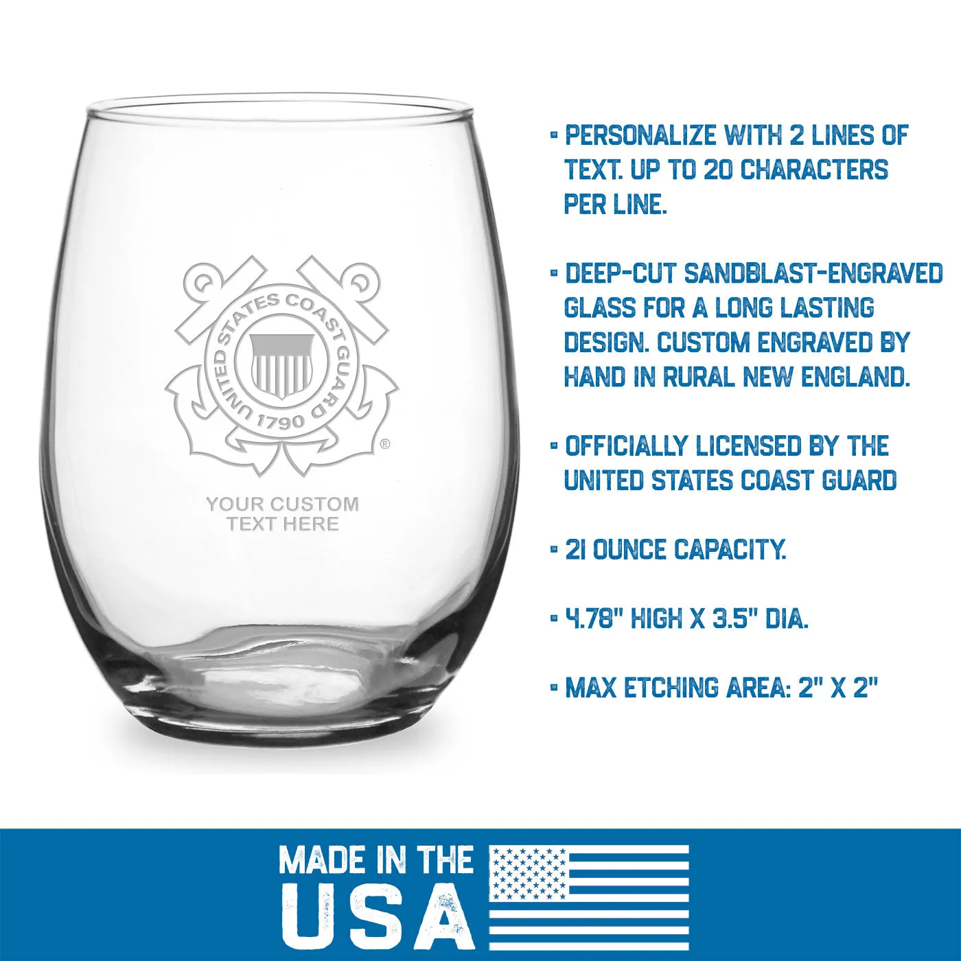 US Coast Guard Logo Personalized 21 oz. Stemless Wine Glass