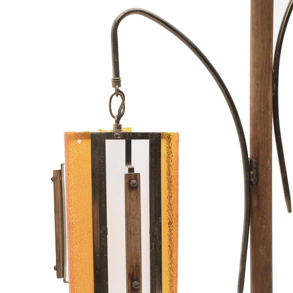 Walnut Brass Floor Lamp with Hanging Cylinder Lanterns