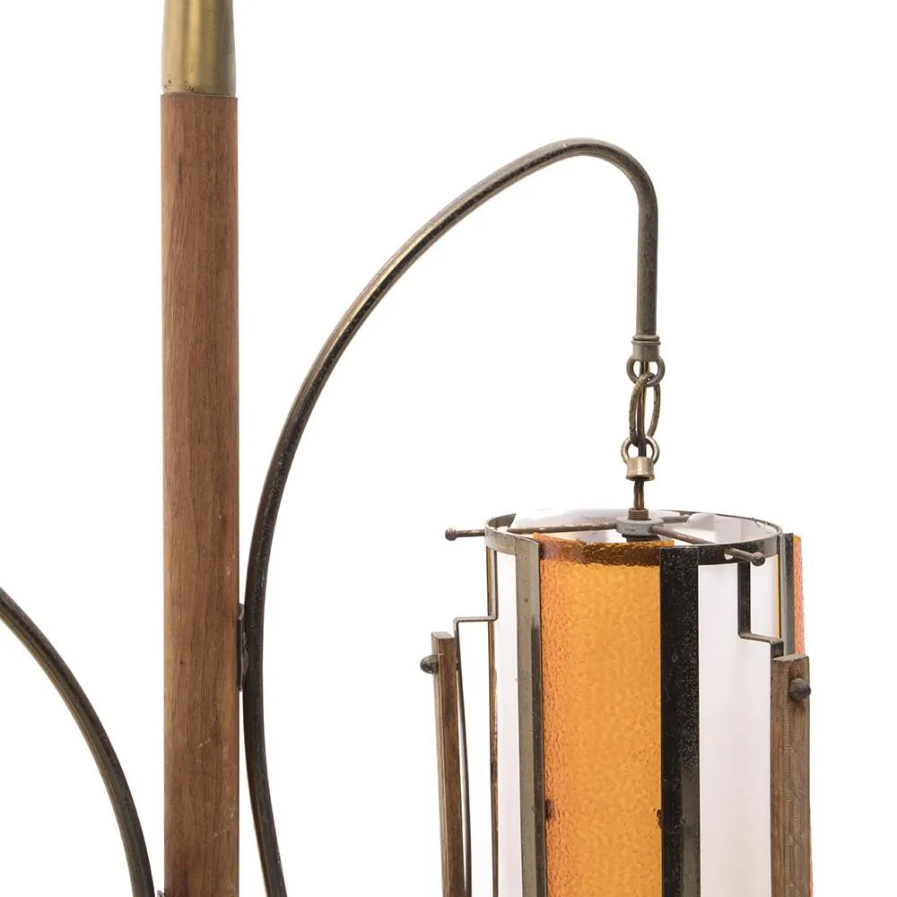 Walnut Brass Floor Lamp with Hanging Cylinder Lanterns