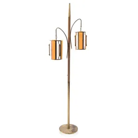 Walnut Brass Floor Lamp with Hanging Cylinder Lanterns