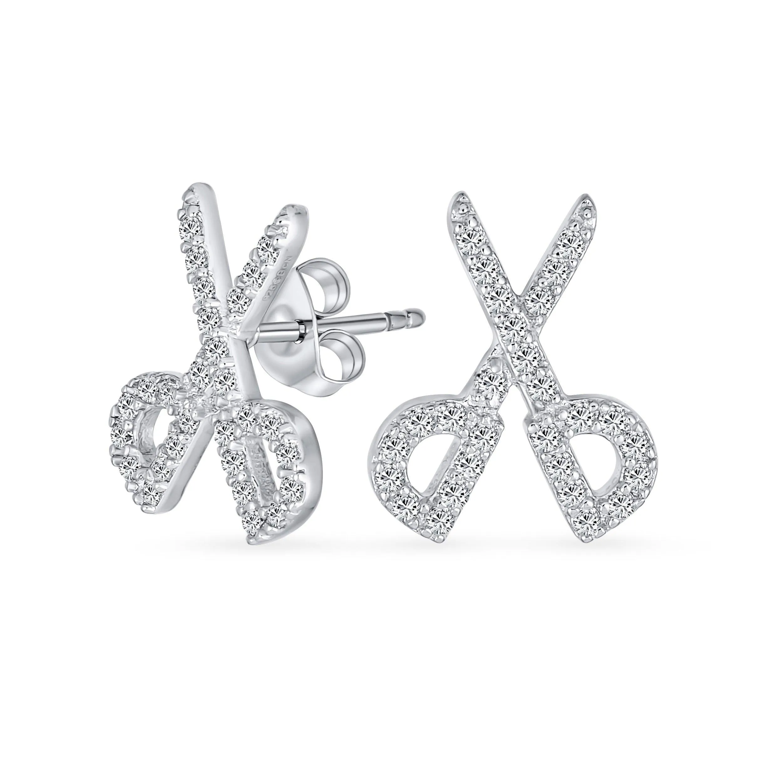 Whimsical Scissors CZ Stud Earrings for Hairdressers in Sterling Silver