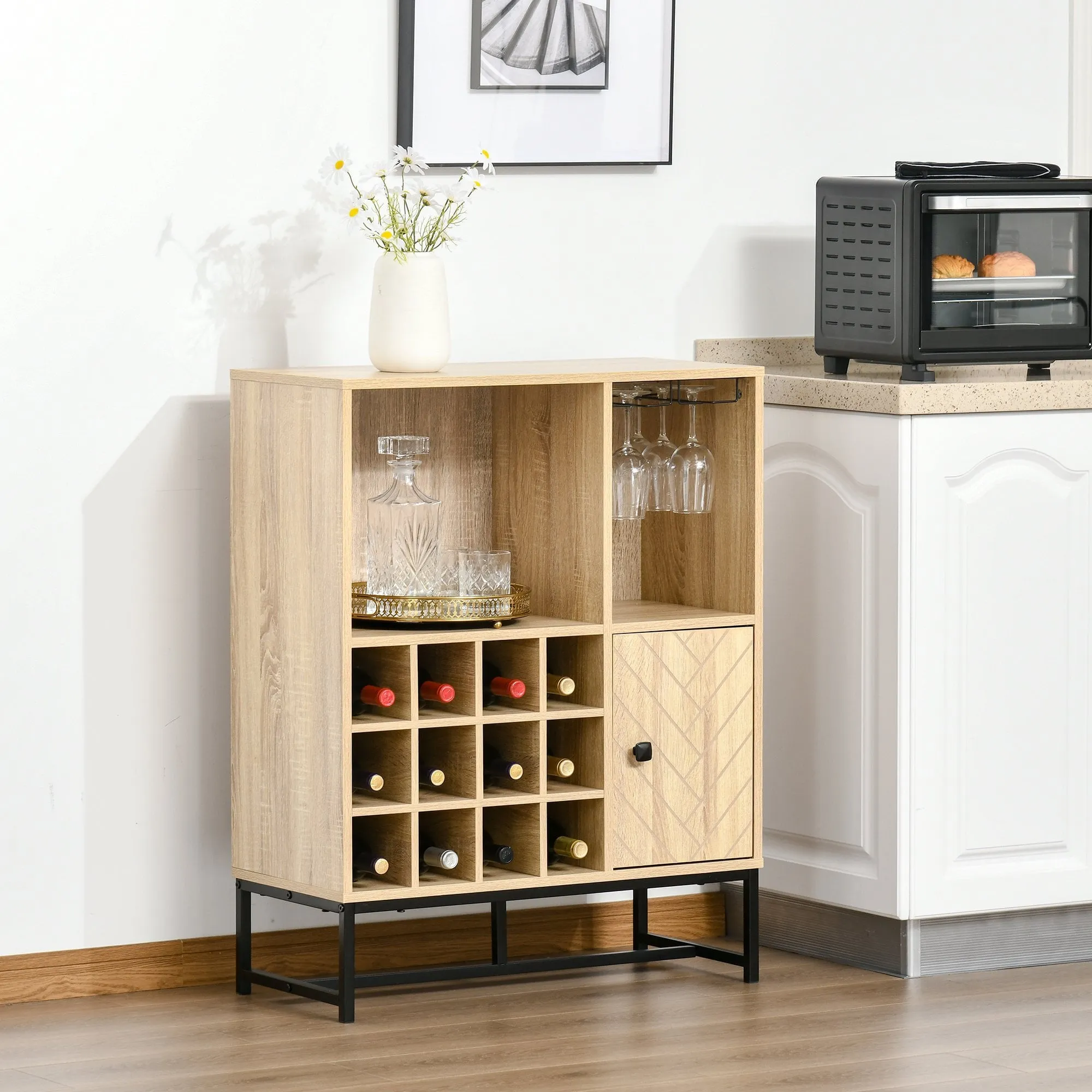 Wine Cabinet for 12 Bottles, Freestanding Wine Rack Sideboard Serving Bar with Glass Holders, Brown Holders