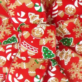 Wired Gingerbread Cookies & Candy Canes Red Ribbon (#40-2.5"Wx10Yards)