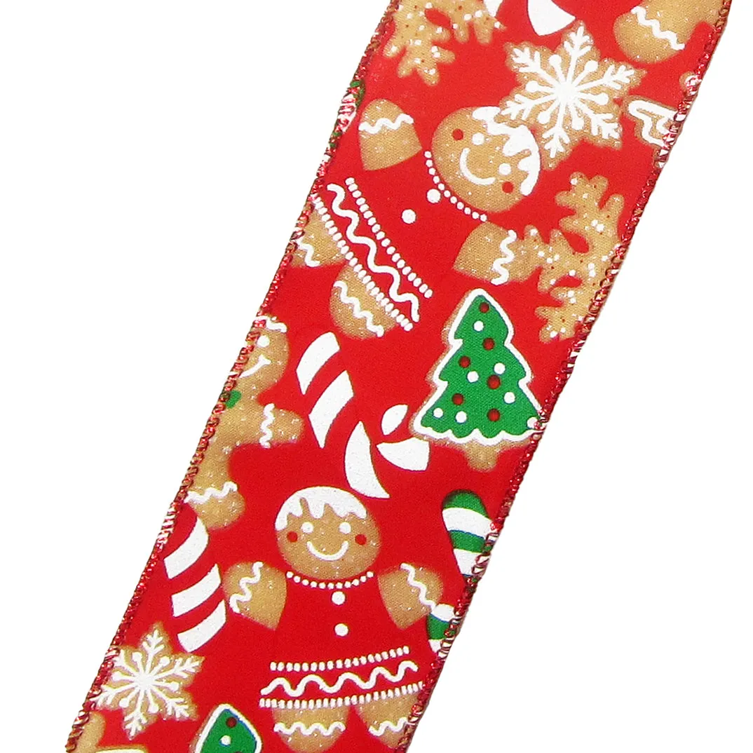 Wired Gingerbread Cookies & Candy Canes Red Ribbon (#40-2.5"Wx10Yards)