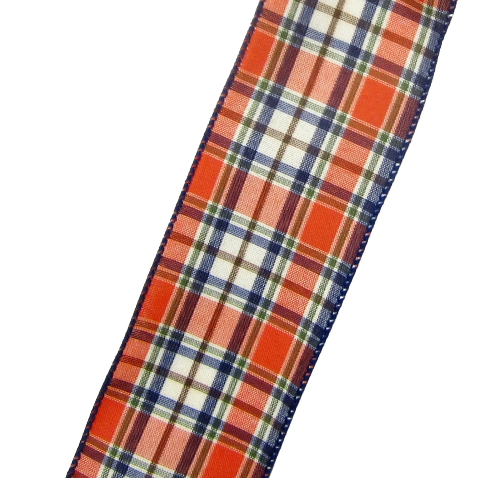 Wired Navy Orange Moss Plaid Linen Ribbon (#40-2.5"Wx10Yards)