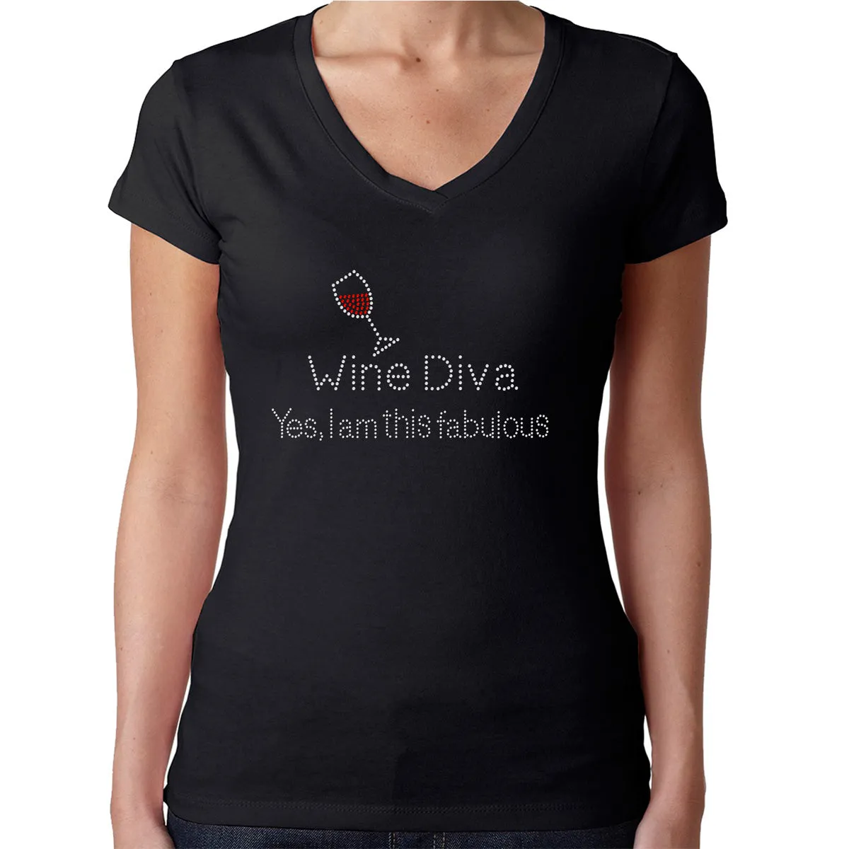 Womens T-Shirt Rhinestone Bling Black Fitted Tee Wine Diva I am This Fabulous