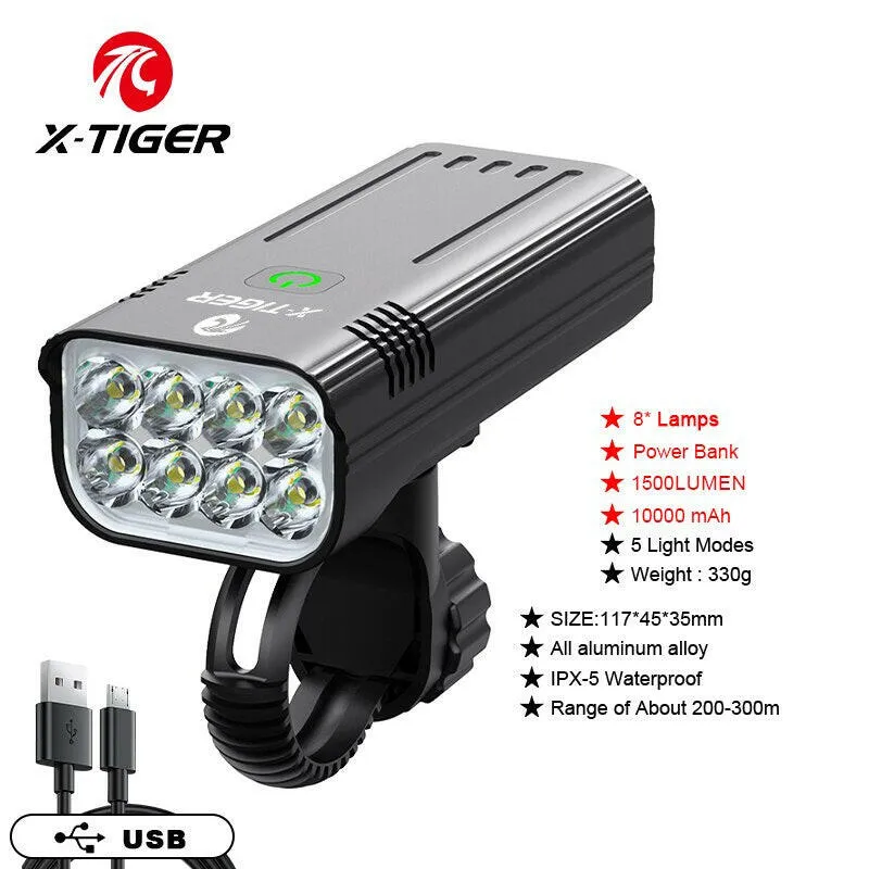 X-TIGER Bike Light Set Powerful USB Rechargeable Bright 10000mAh Bicycle Front Lights IPX5 Waterproof Front Lamp Cycling