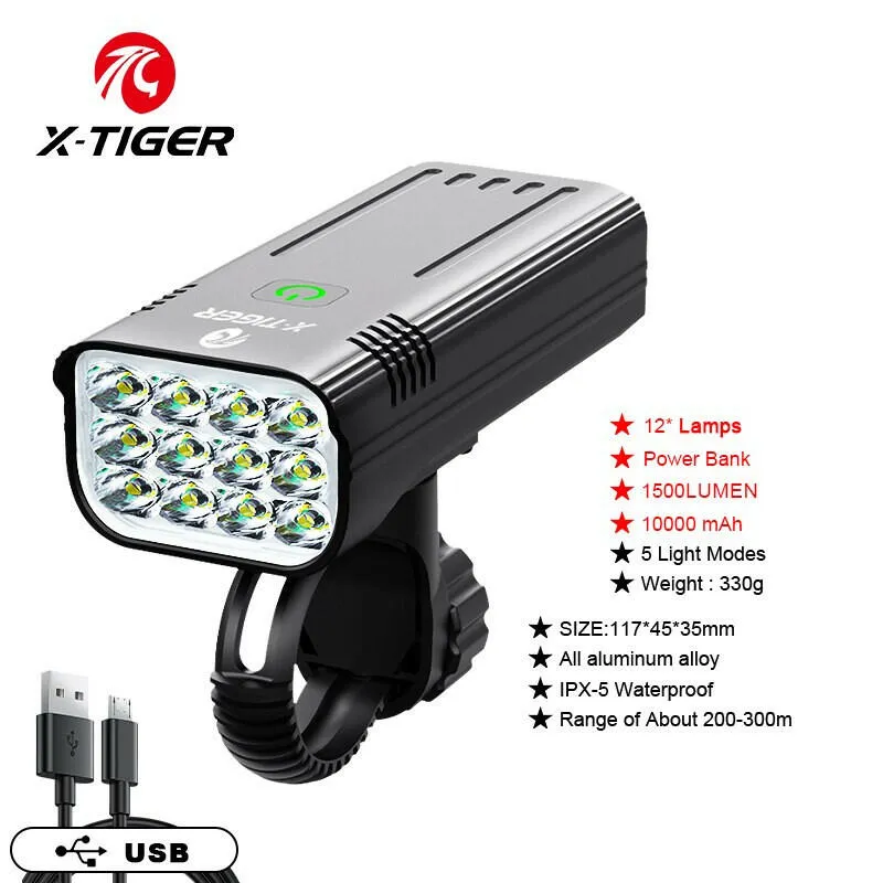 X-TIGER Bike Light Set Powerful USB Rechargeable Bright 10000mAh Bicycle Front Lights IPX5 Waterproof Front Lamp Cycling